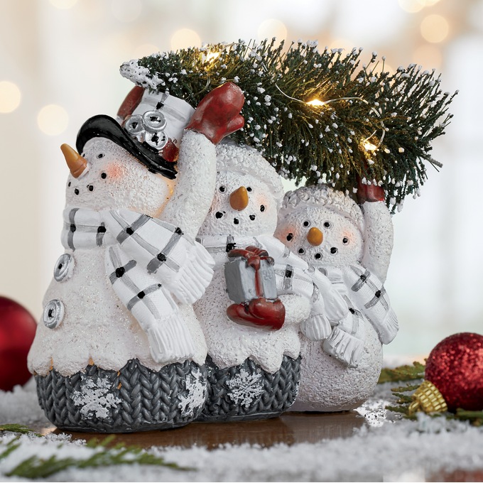 LED Snowmen Carrying Bottlebrush Tree Figurine, , large