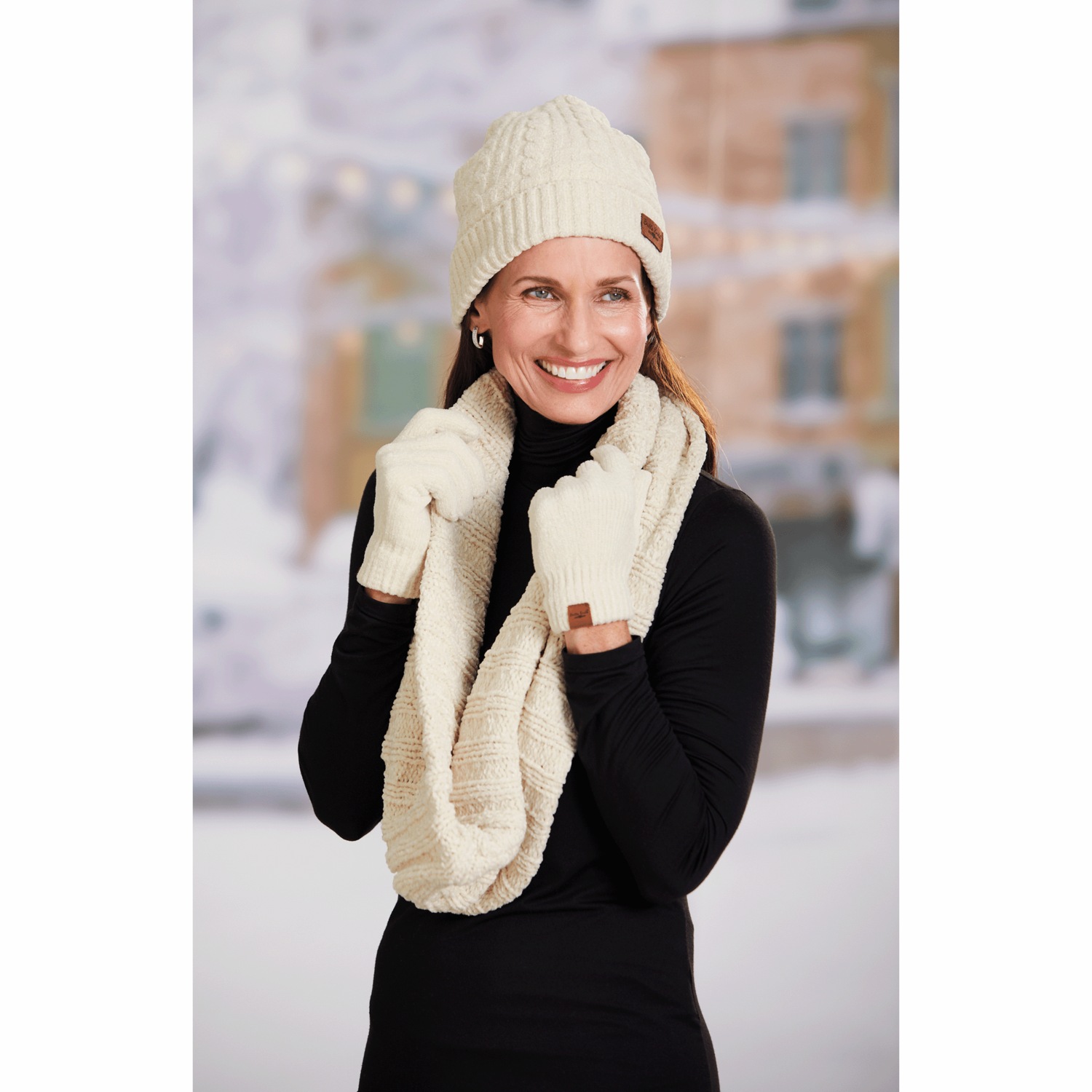 Cream scarf and shop gloves
