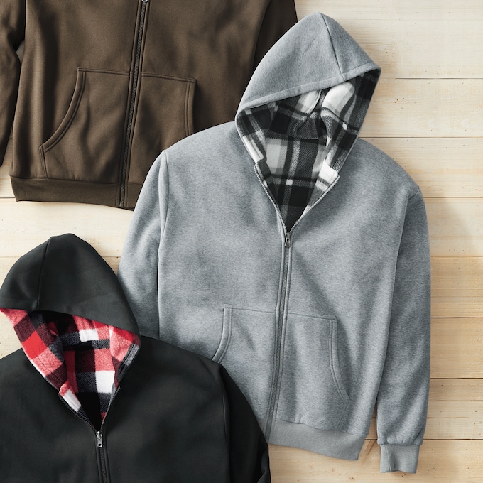 Fleece Reversible Hoodie, Gray Gray Plaid, large
