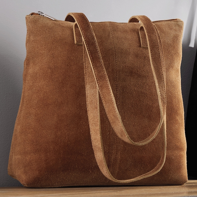 Suede Tote with Zip Closure , Sudan Brown, large