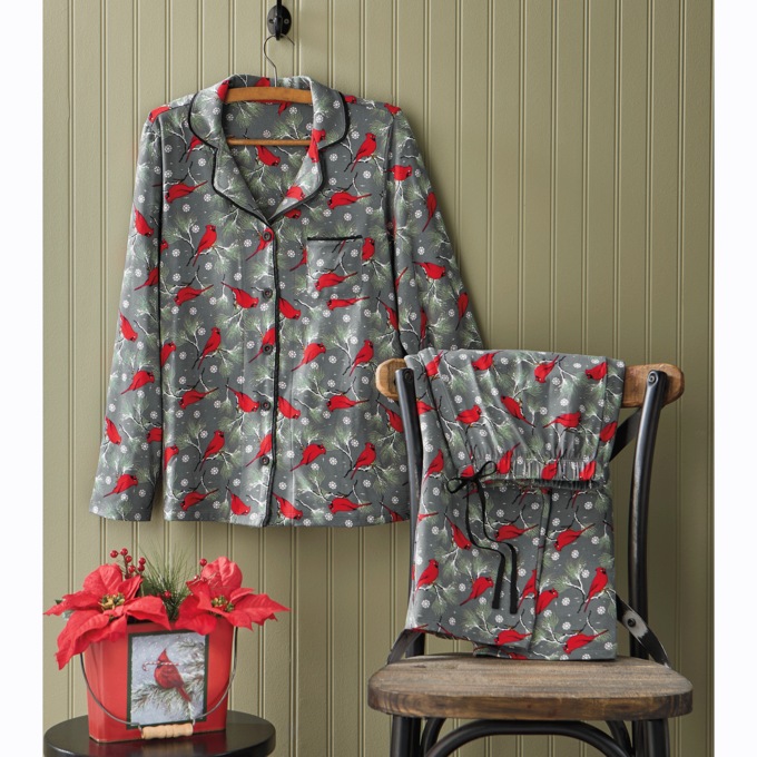 Cardinal-Print PJ Set with Long-Sleeve Button-down Top and Pull-on Pant, , large