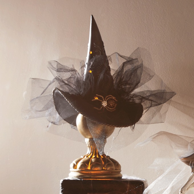 Lit Glam Witch Hat on Pedestal, Black, large