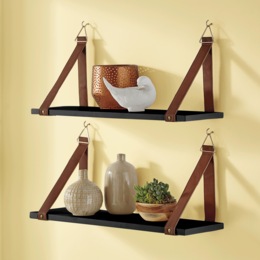 Set of 2 Shelves with Faux-Leather Straps, , large