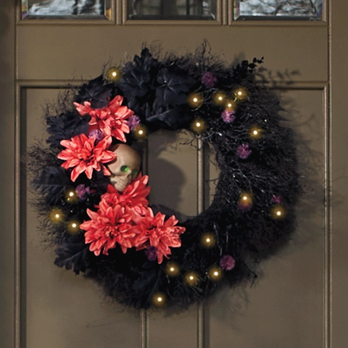 Lit Skull in Mums Wreath, Multi, large
