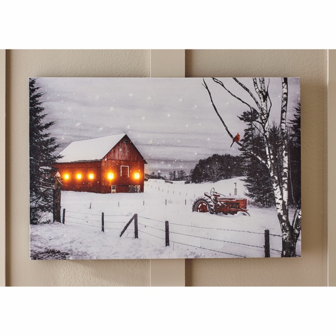 Lit Winter Barn Scene Wall Art, , large