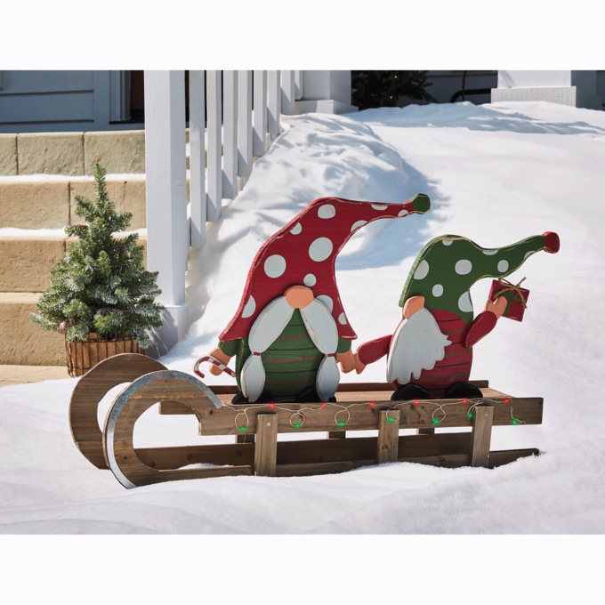 Chunky Wood Lit Holiday Gnomes on Sled, , large