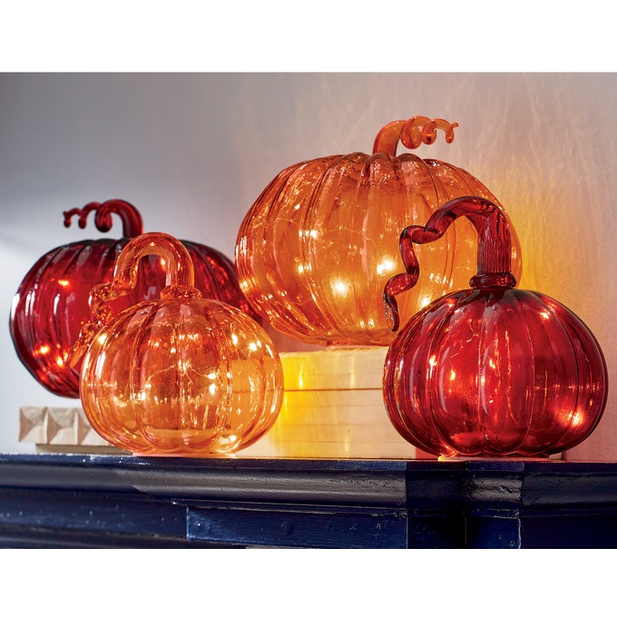 Set of 2 Lit Glass Pumpkins, , large