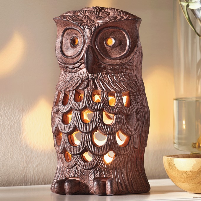 Lit Resin Owl with Decorative Cutouts, Brown, large