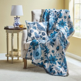 Blue Floral Tapestry Throw - 50" x 60", , large