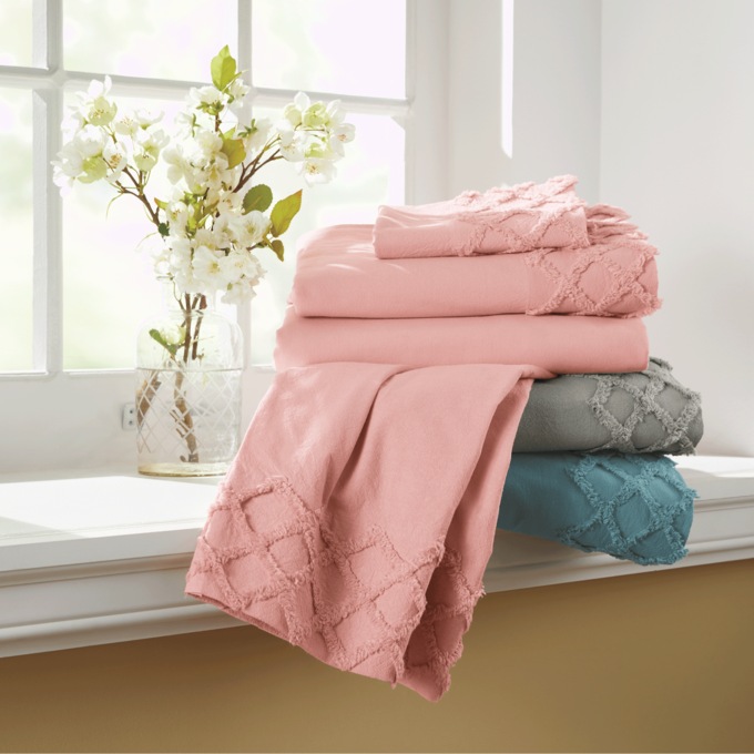 Chenille Diamond Hem Faux Linen Sheet Set, , large