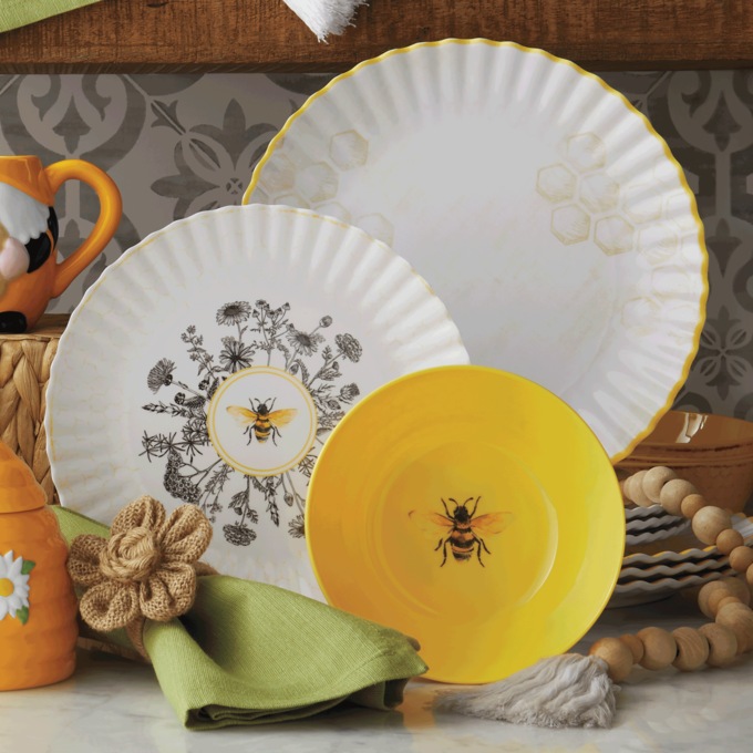 12-Piece Honeycomb Bee Melamine Dinnerware Set, , large