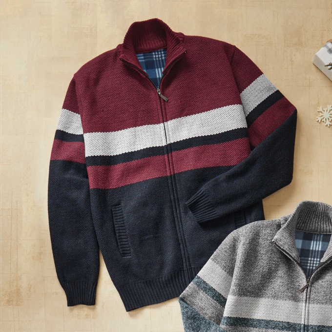 Full-Zip Fleece-Lined Sweater, , large