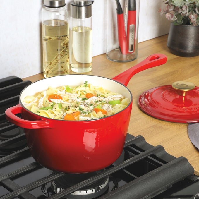 Crock Pot Artisan 3-qt. Enameled Cast Iron Saucepan with Lid, Gradient Red, large