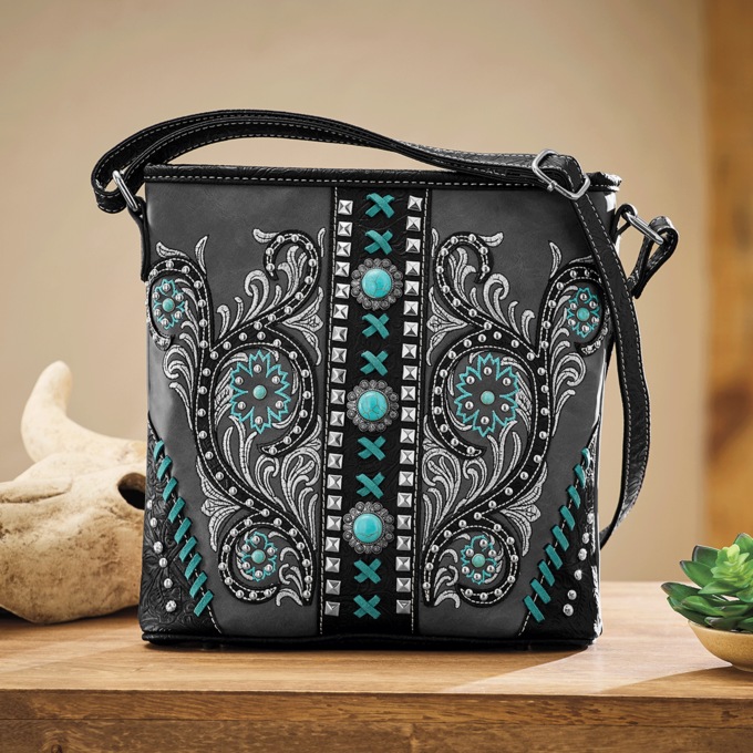 M.C. Handbags Jamie Crossbody with Floral Embroidery, Black, large