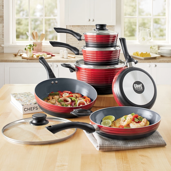Chef Tested 10-Piece 2-Tone Ribbed Cookware Set, , large