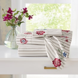 Embroidered Floral Cotton Ticking Stripe Sheet Set, , large