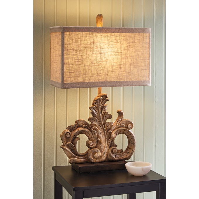 Leaf Flourish Floral Design Resin Table Lamp, Distressed Ivory, large