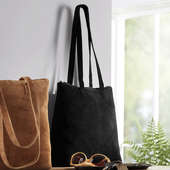 Suede Tote with Zip Closure , Black, large