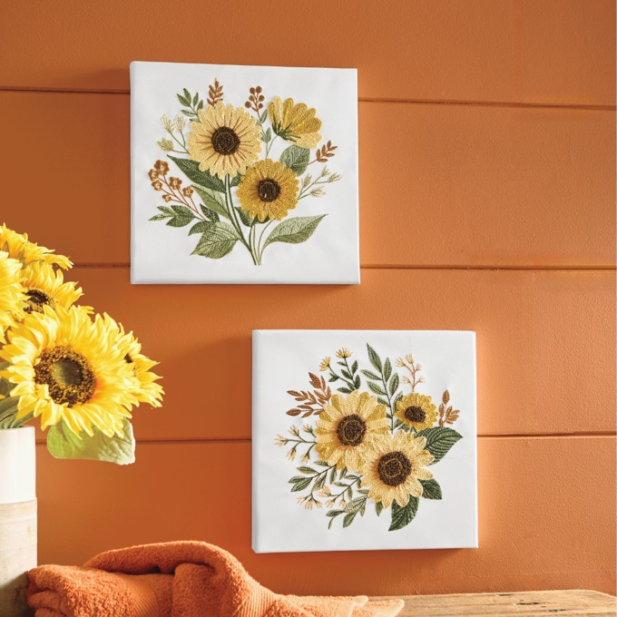 Set of 2 Embroidered Sunflower Wall Art, Multi, large