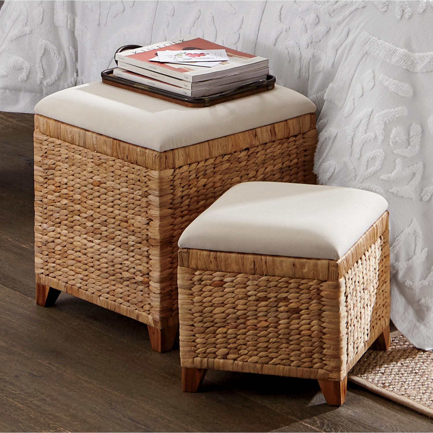 Set of 2 Woven Upholstered Ottomans Country Door