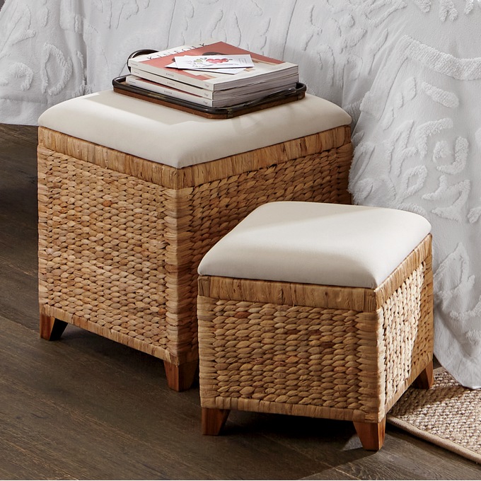 Set of 2 Woven Upholstered Ottomans, , large