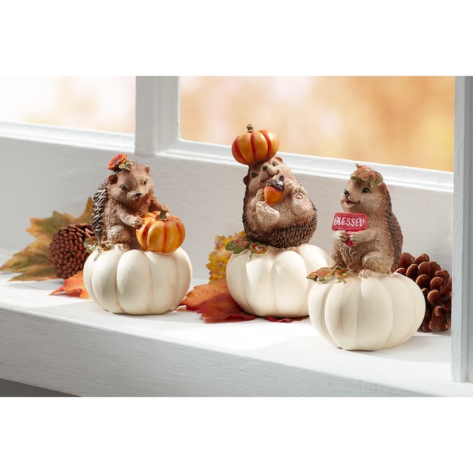 Set of 3 Hedgehogs on White Pumpkins, , large