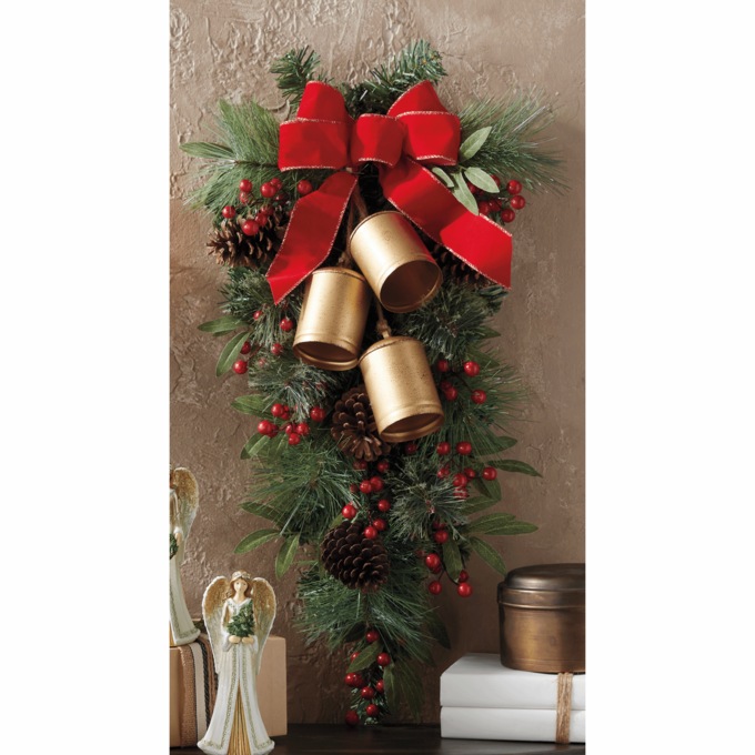 Red Bow and Gold Bell Christmas Swag, , large