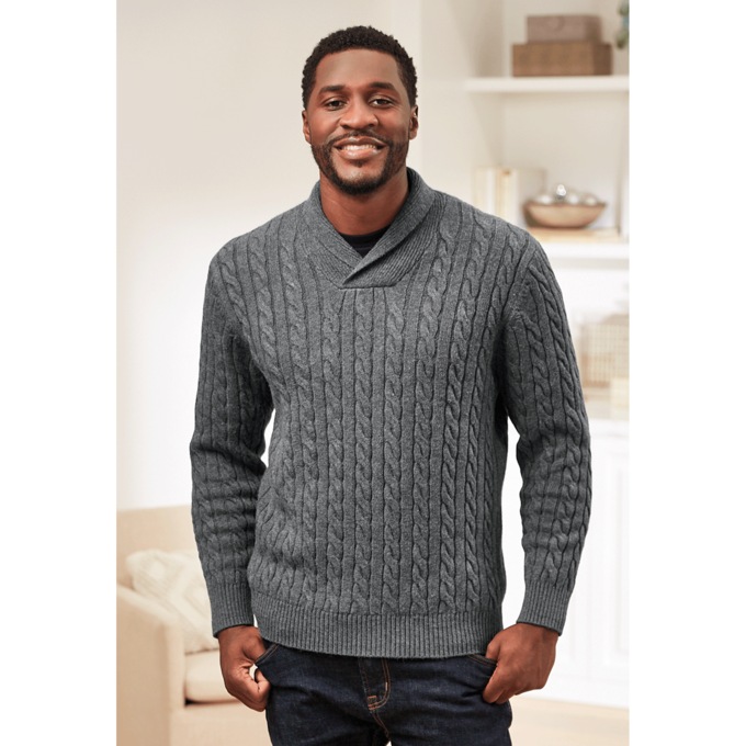 Mens cable knit shawl on sale collar sweater
