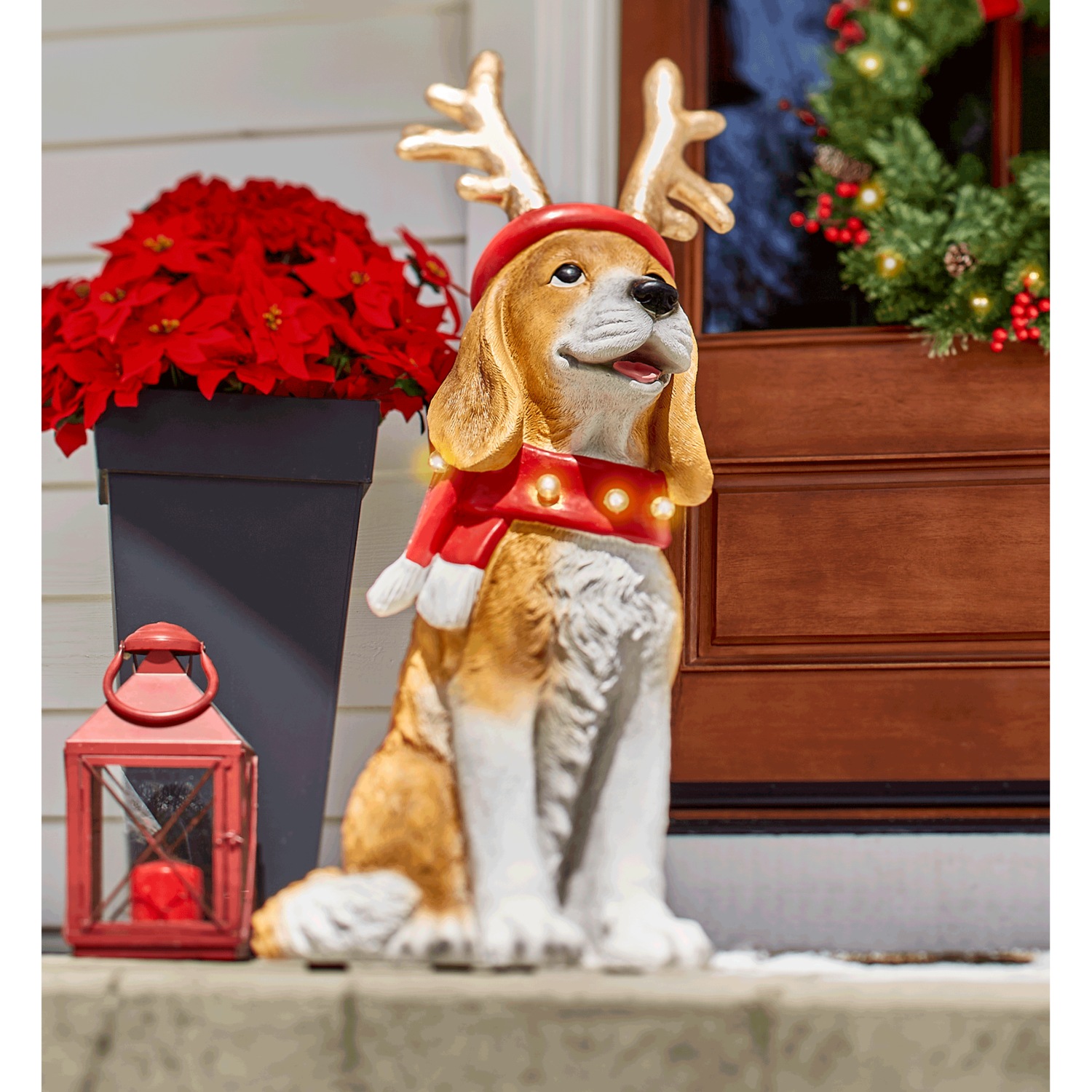 seasonal holiday dress up dog statue Lit Christmas Hound Dog Statue, Red