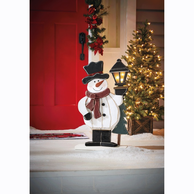 Chunky Wood Snowman with Lantern, , large