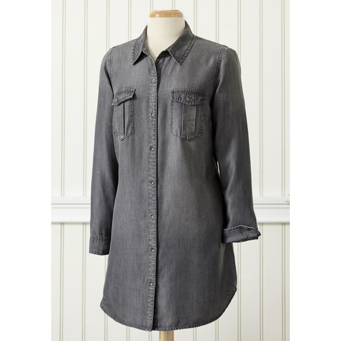 Long-Sleeved Denim Button-Up Tunic, Gray, large