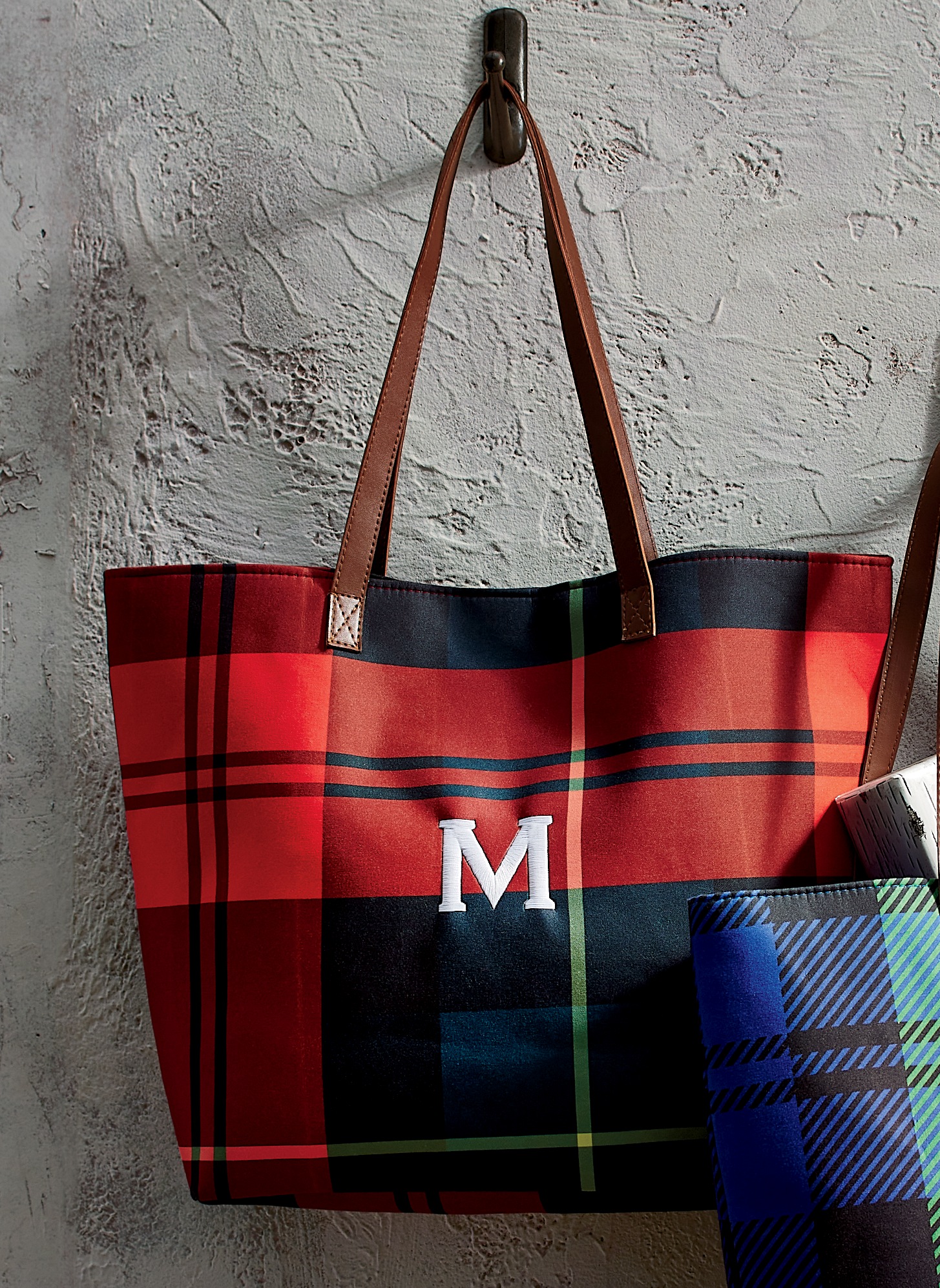 Personalized Harvest Plaid Tote, Red Green, large