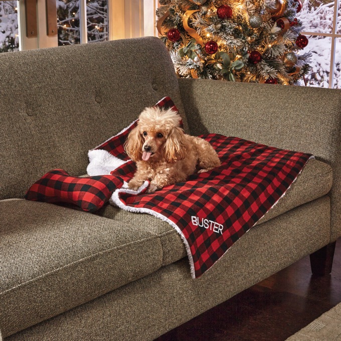 Faux-Sherpa Pet Blanket with Plush Toy, , large