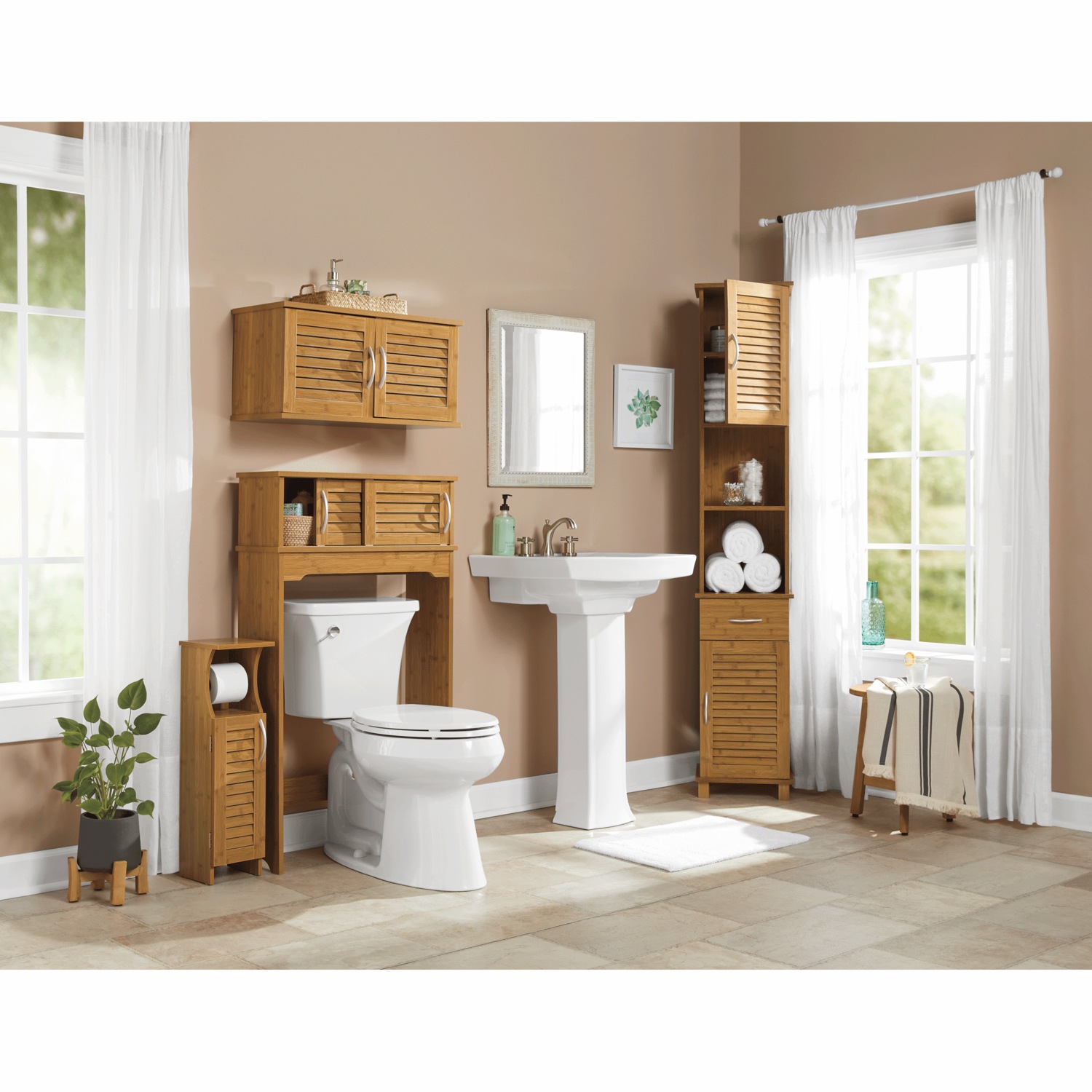 Bamboo Finish Short Space Saver Toilet Paper Holder Wall Cabinet