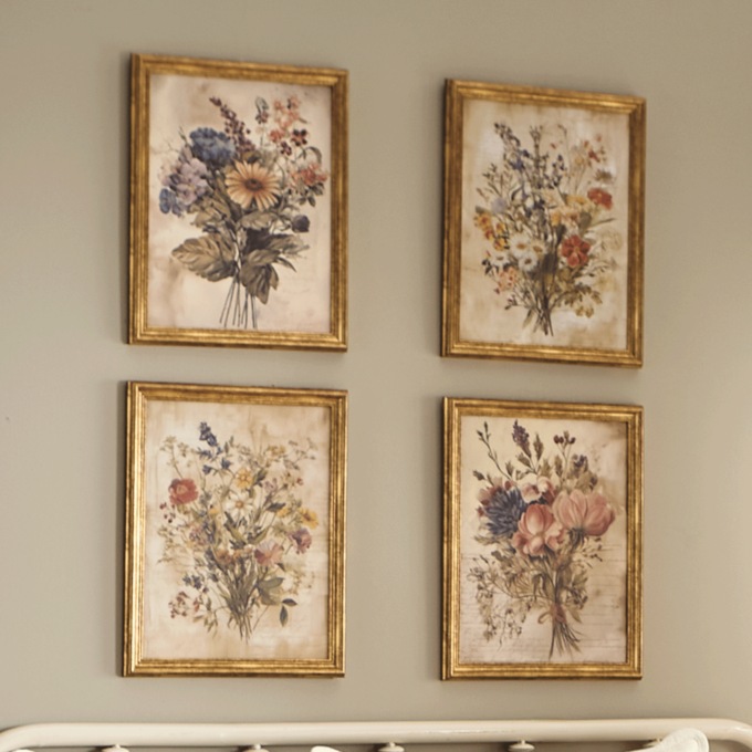 4-Piece Vintage Tea-Stained Floral Canvas Wall Art Set with Gold Frames, Multi, large