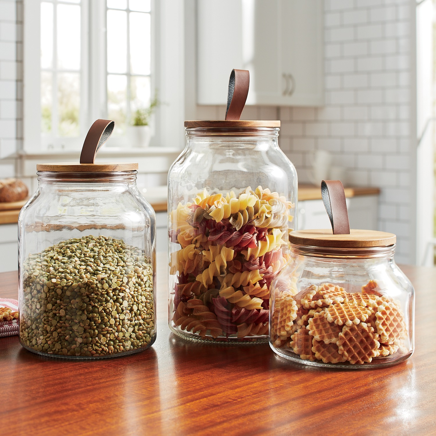 Set of 3 Glass Canisters with Wood Lids Country Door