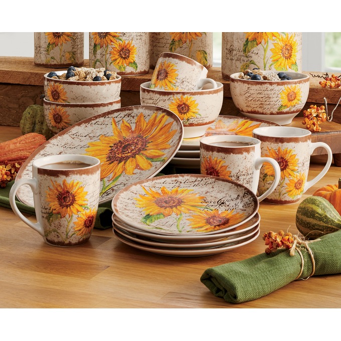 16-Piece Scripted Sunflower Dinnerware Set