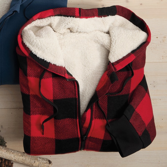 Men’s Sherpa-Lined Fleece Hoodie with Front Zipper and Pockets, Black Red Buffalo, large