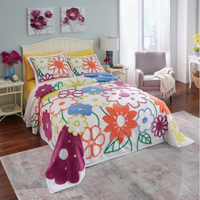 Bright Floral Chenille Bedspread, , large