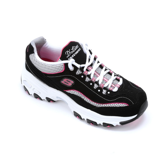 Skechers black online and pink shoes
