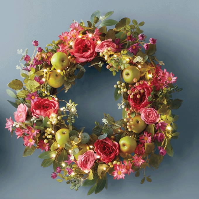 Lit Spring Peony and Apple Wreath, , large