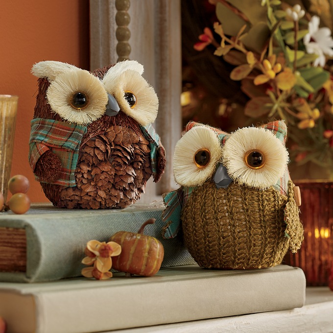 Set of 2 Plaid Sisal Harvest Owls, , large