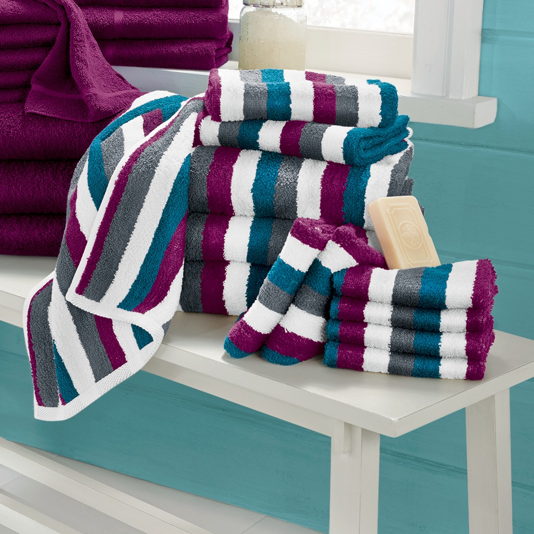 12-Piece Serene Cotton Terry Bath Towel Set, Plum Stripe, large