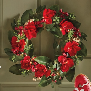 Lit Poinsettia Wreath, , large