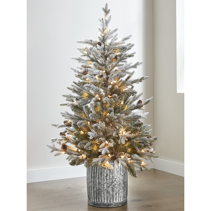 4' Flocked Pinecone Tree in Metal Pot, , large