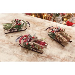 Set Of 3 Burlap Sled Ornaments, , large