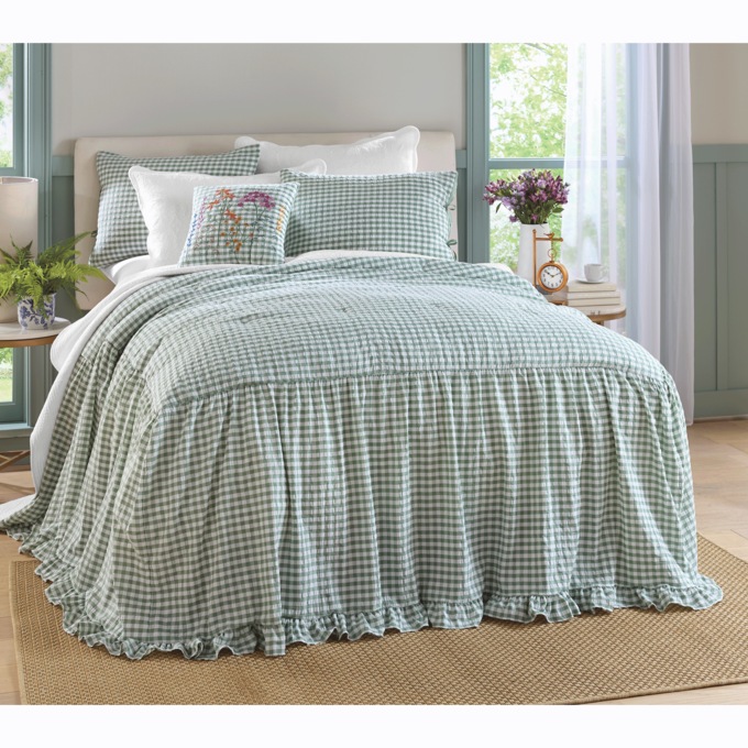 Beth Gingham Skirted Bedspread Set, Sage, large