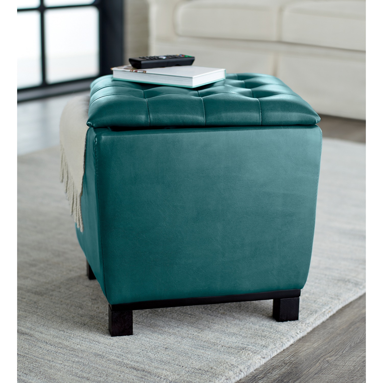 Teal faux cheap leather ottoman