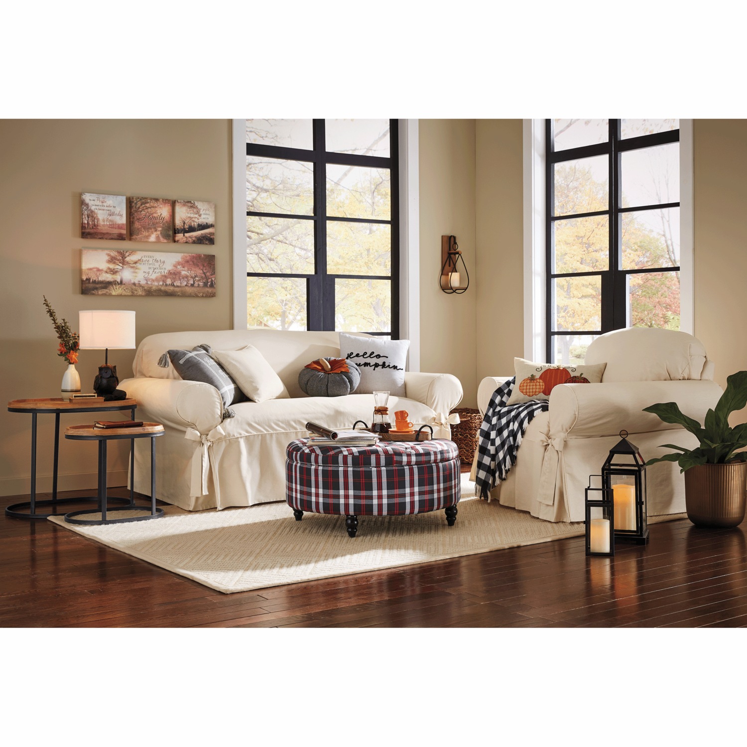 Plaid storage ottoman sale