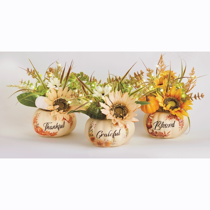Set of 3 Lit Harvest Pumpkins with Sunflowers, , large